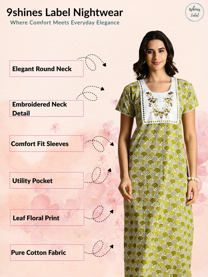 Mehandi Green Pure Cotton Embroidered Nighty for Women