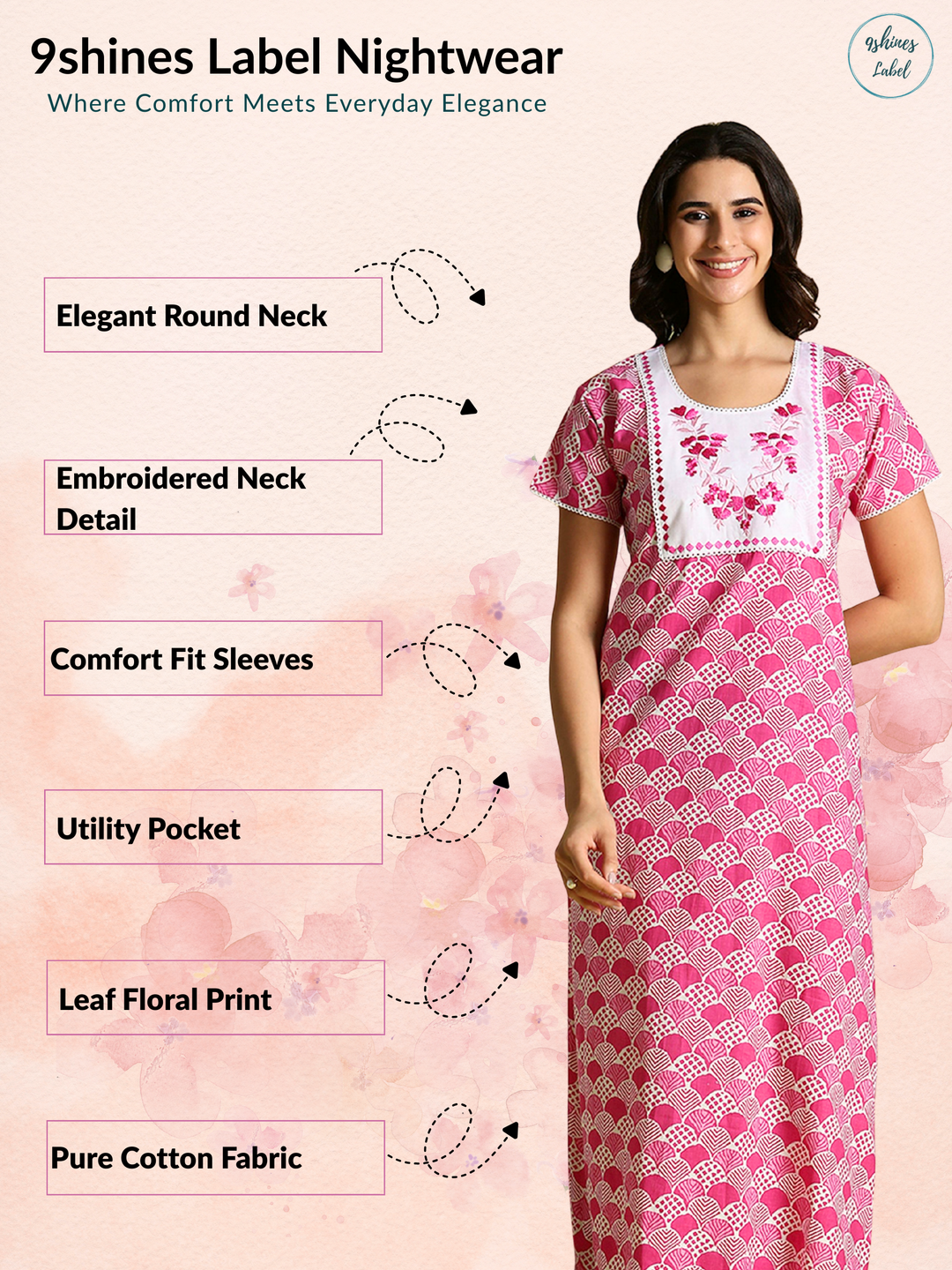 Pink Floral Cotton Nighty with Phulkari Yoke and Pocket