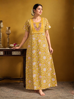 Mustard Floral Vine Cotton Nighty with Embroidered Yoke