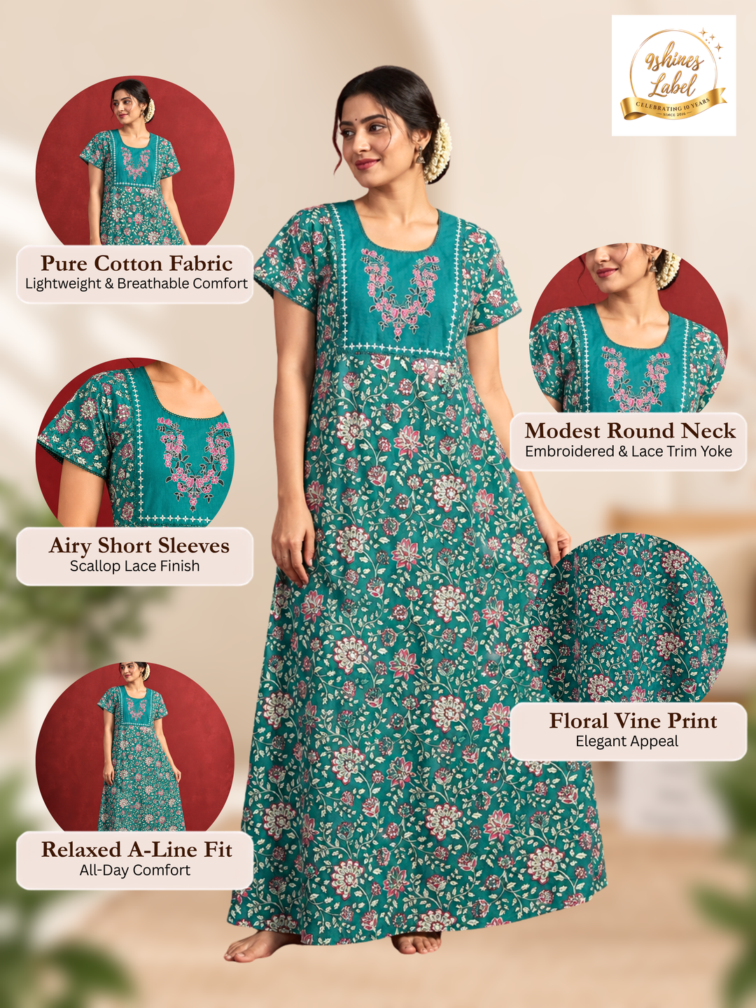 Teal Vine Floral Cotton Nighty with Embroidered Neckline