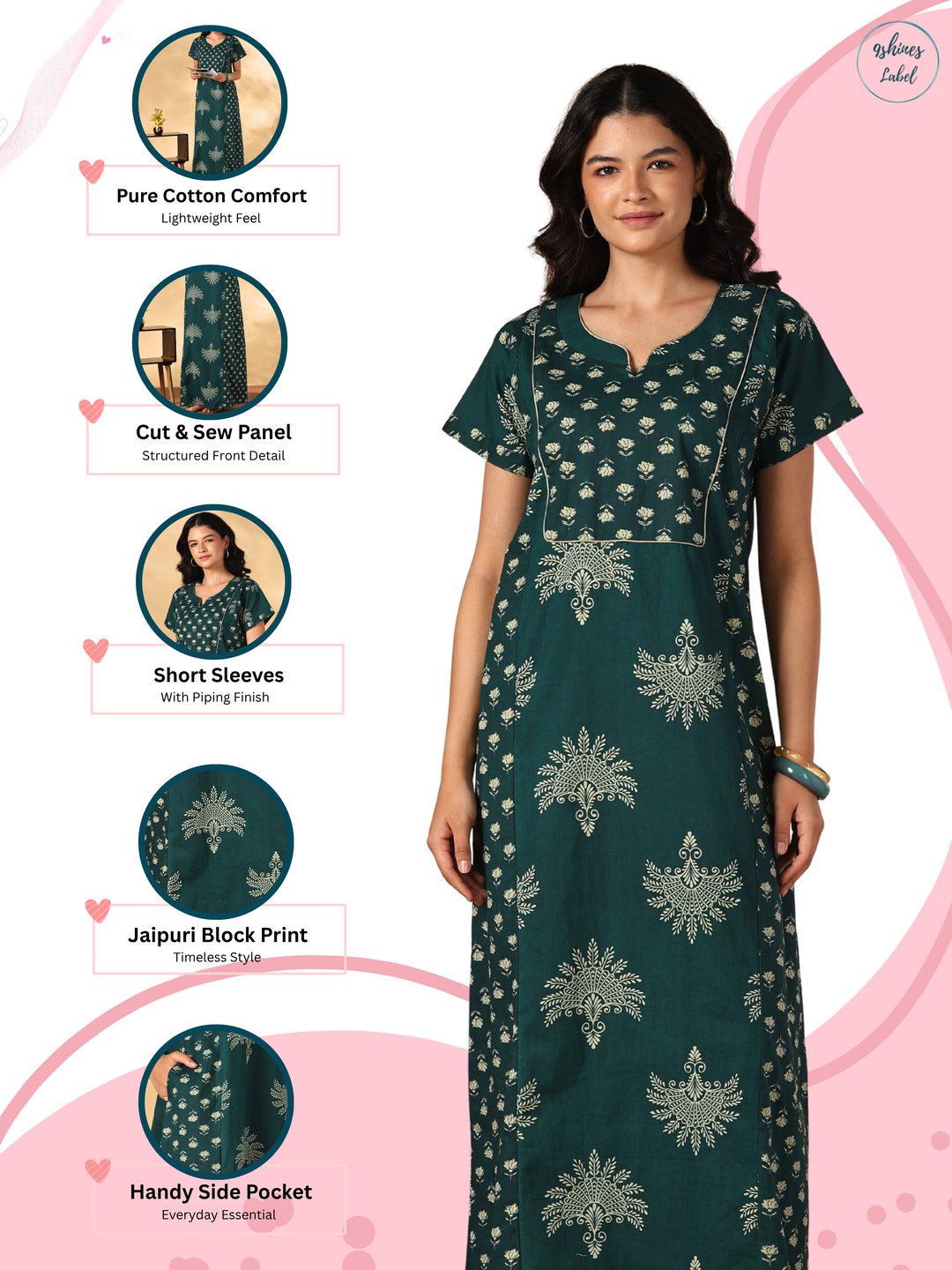 Breathable Pure Cotton Block Print Nighty with Side Pocket