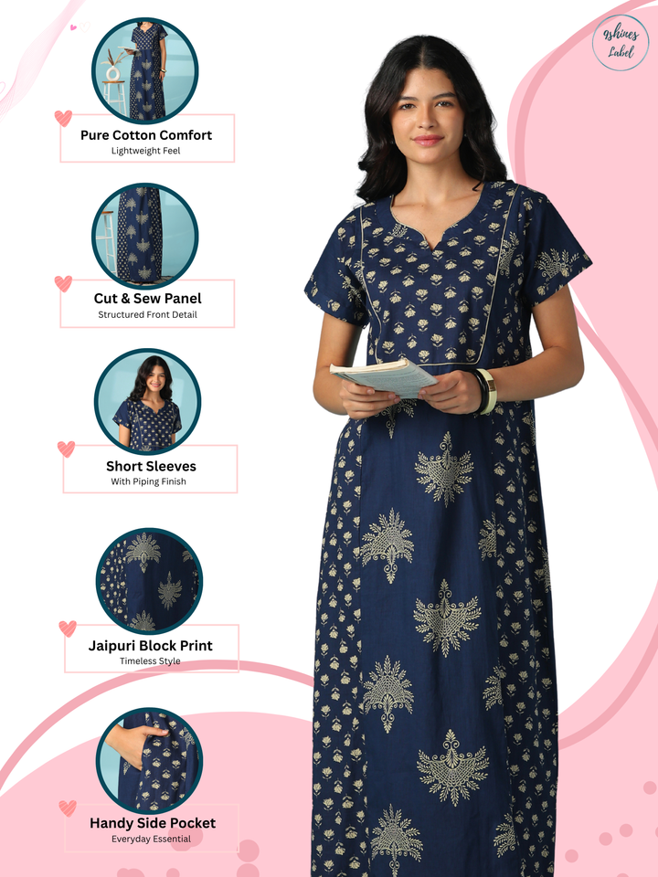 Elegant Pure Cotton Jaipuri Nighty with Relaxed A Line Fit