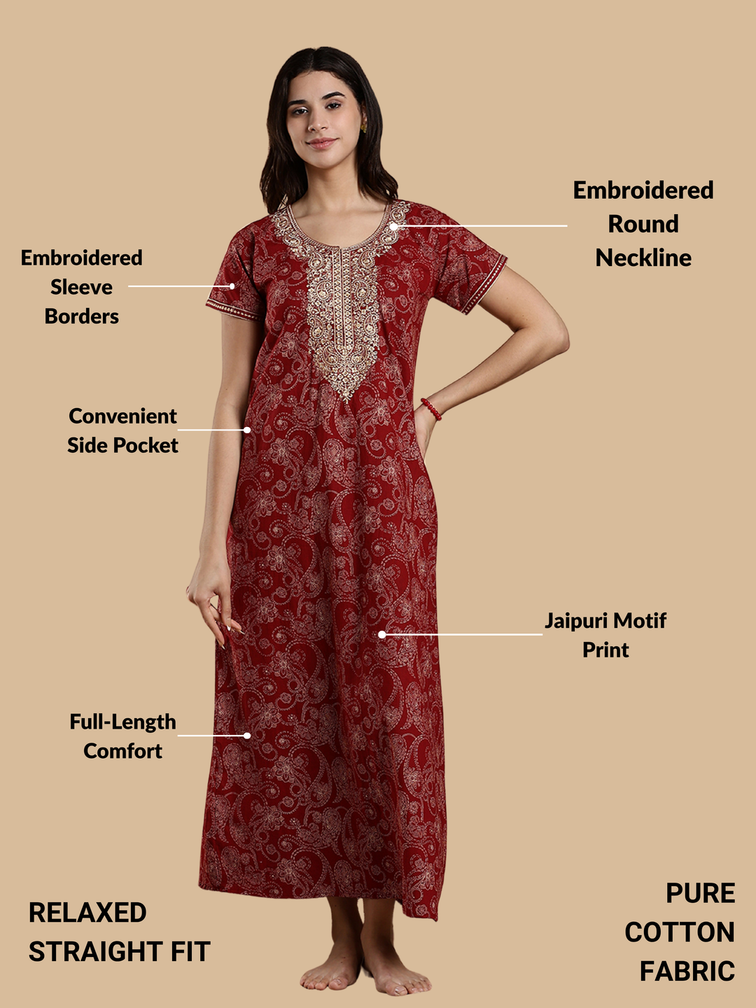 Heritage Maroon Grace Nighty for Women – Timeless Elegance in Every Stitch