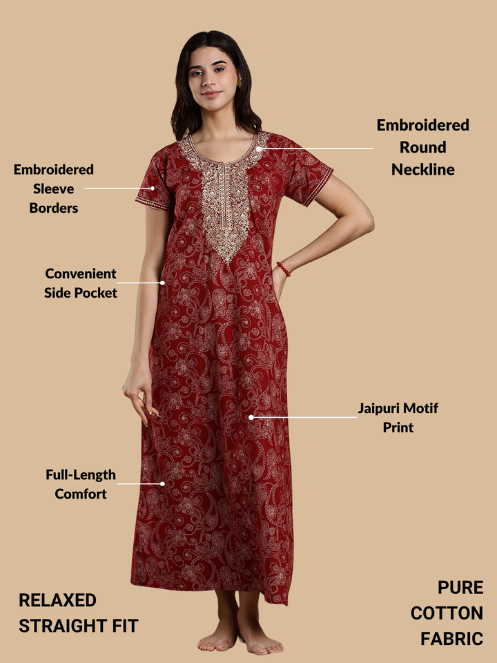 Heritage Maroon Grace Nighty for Women – Timeless Elegance in Every Stitch