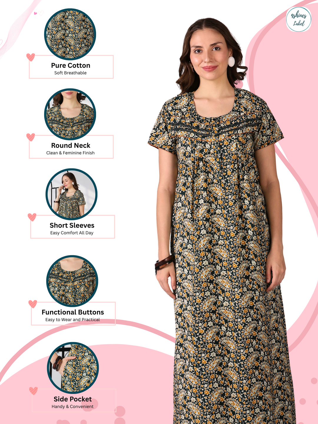 Paisley Green Cotton Nighty for Women Relaxed Fit Night Dress
