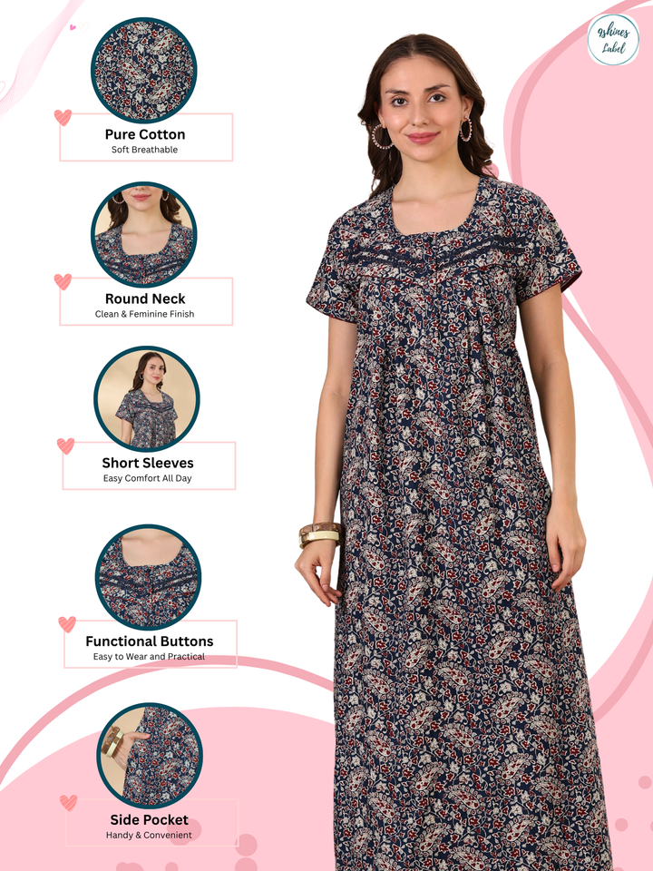 Paisley Indigo Cotton Nighty for Women Soft Comfortable Nightwear
