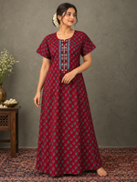 Pure Cotton A Line Nighty with Floral Buti Print and Pocket