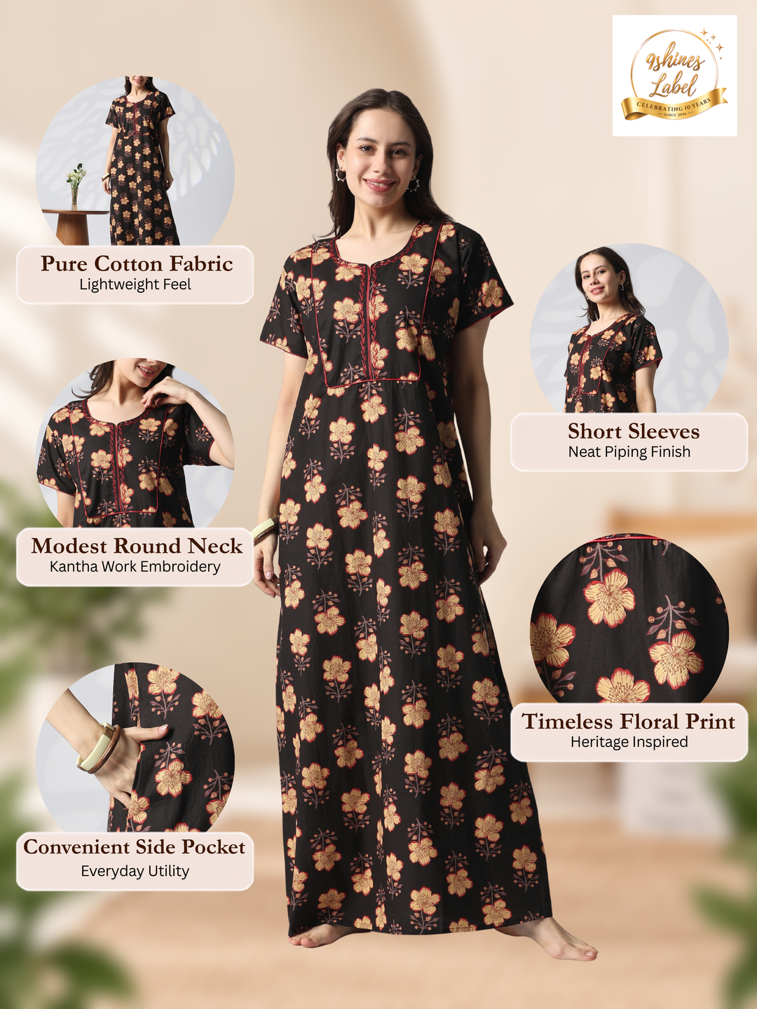 Kantha Embroidered Pure Cotton Floral Nighty in Mahek Black