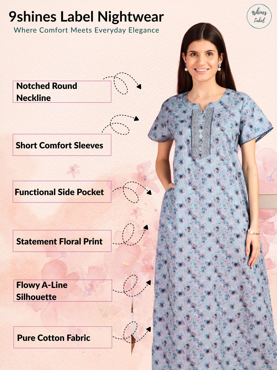 Digital Print Cotton Nighty in Blue with Embroidered Yoke