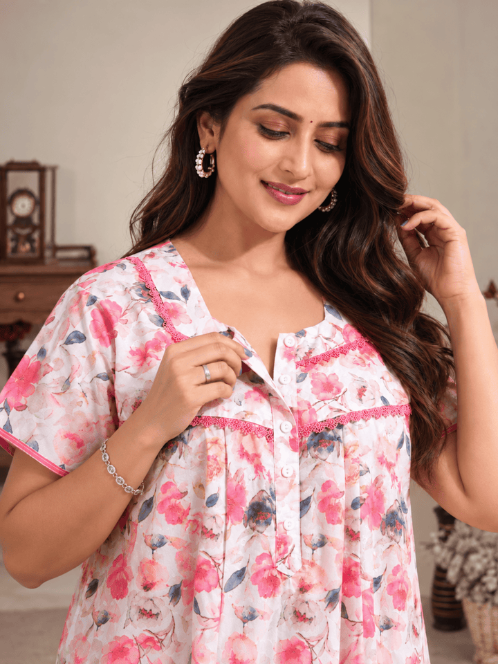 Cotton Chikankari Red Floral Nighty with Lace and Pocket