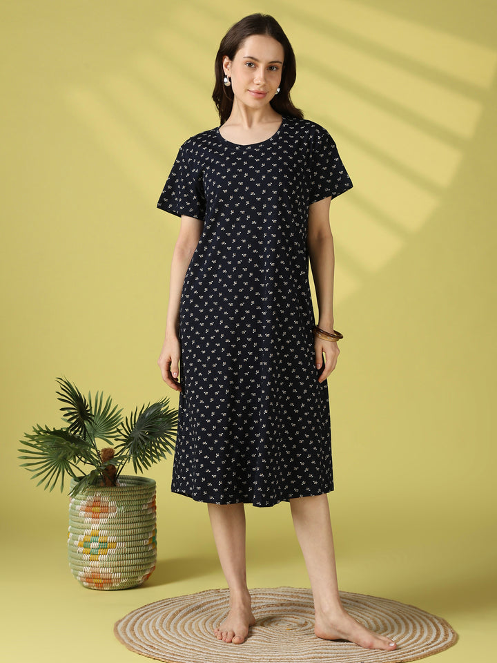 Jasmine Blue Floral Cotton Nighty for Everyday Comfort