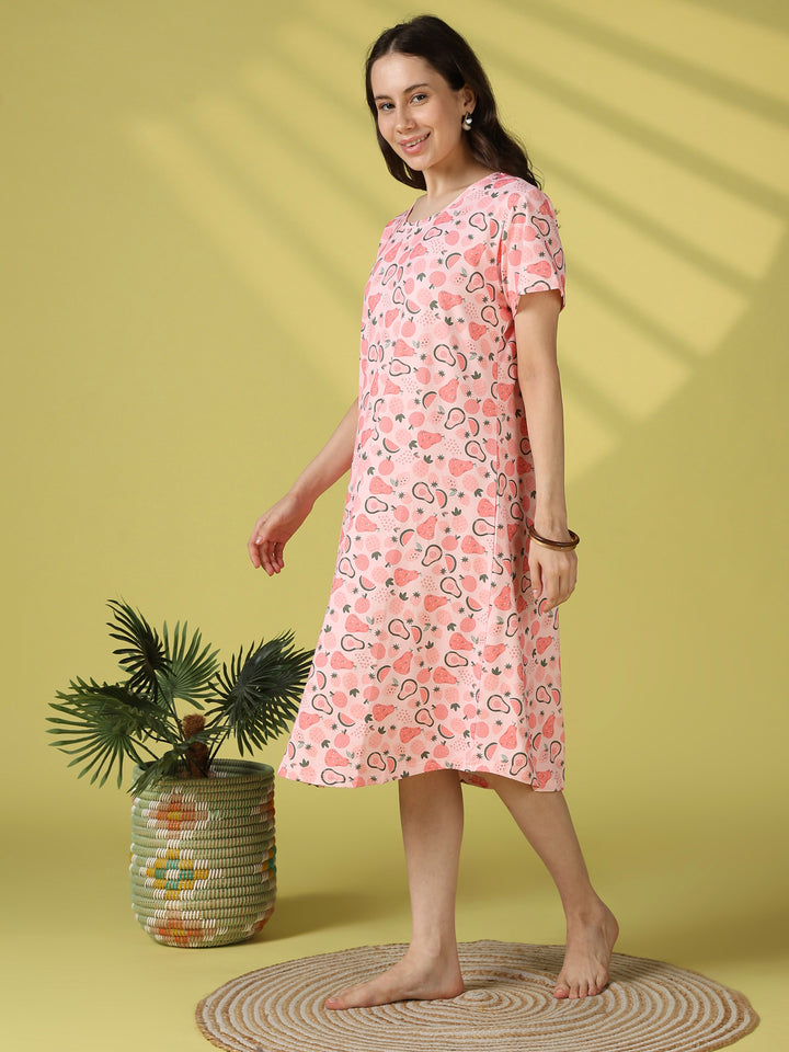 Gloss Malai Fruit Print Short Nighty for Women Silky Soft Comfort