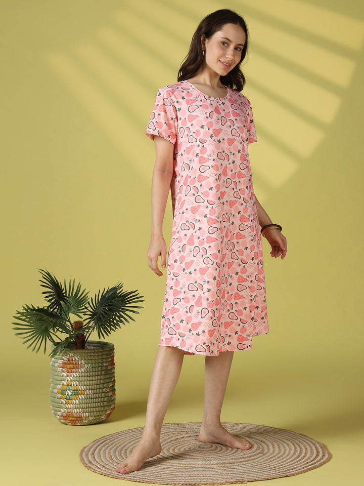Gloss Malai Fruit Print Short Nighty for Women Silky Soft Comfort