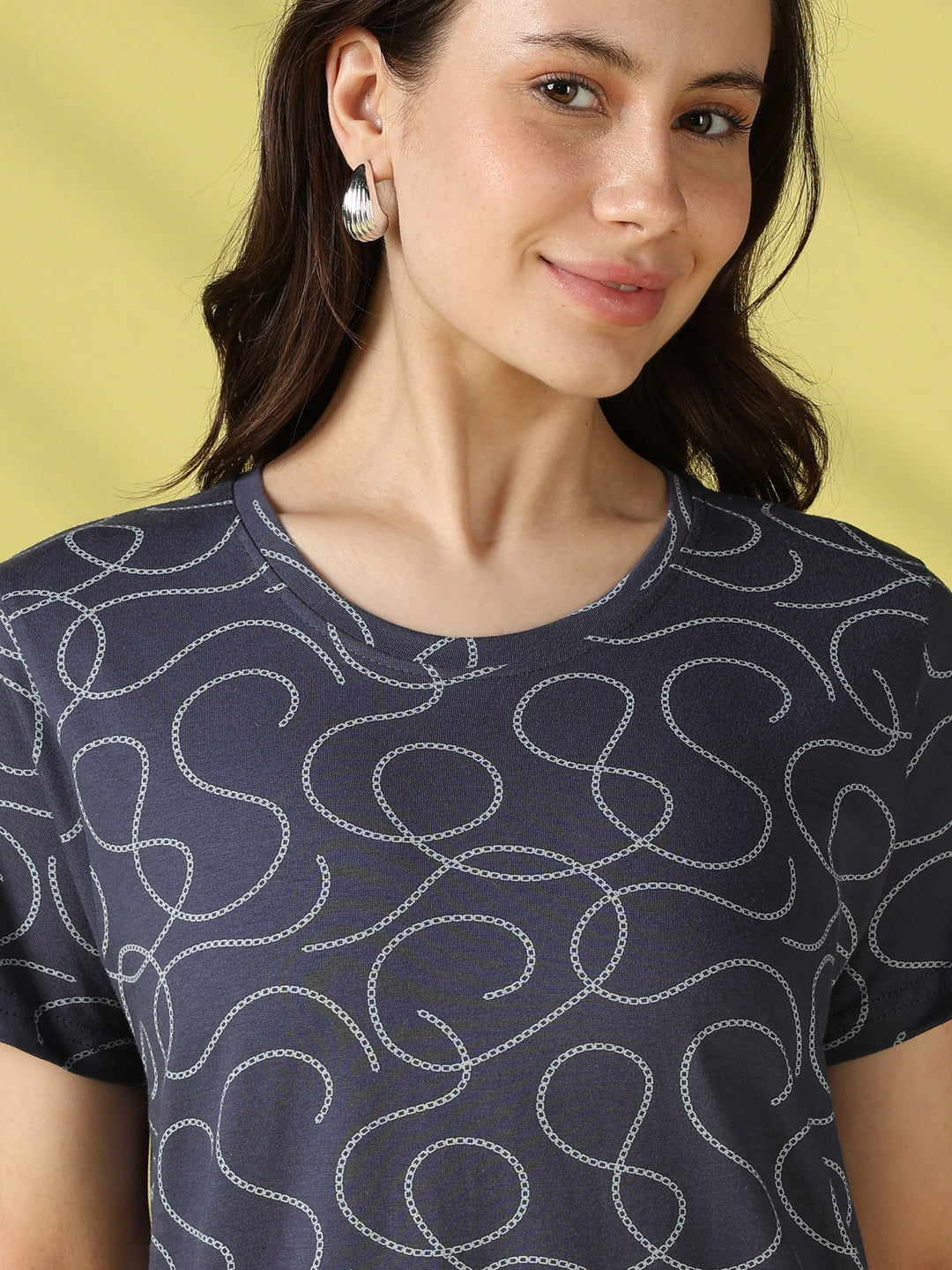 Swirl Print Hosiery Cotton Short Nighty for Women in Twisty Blue