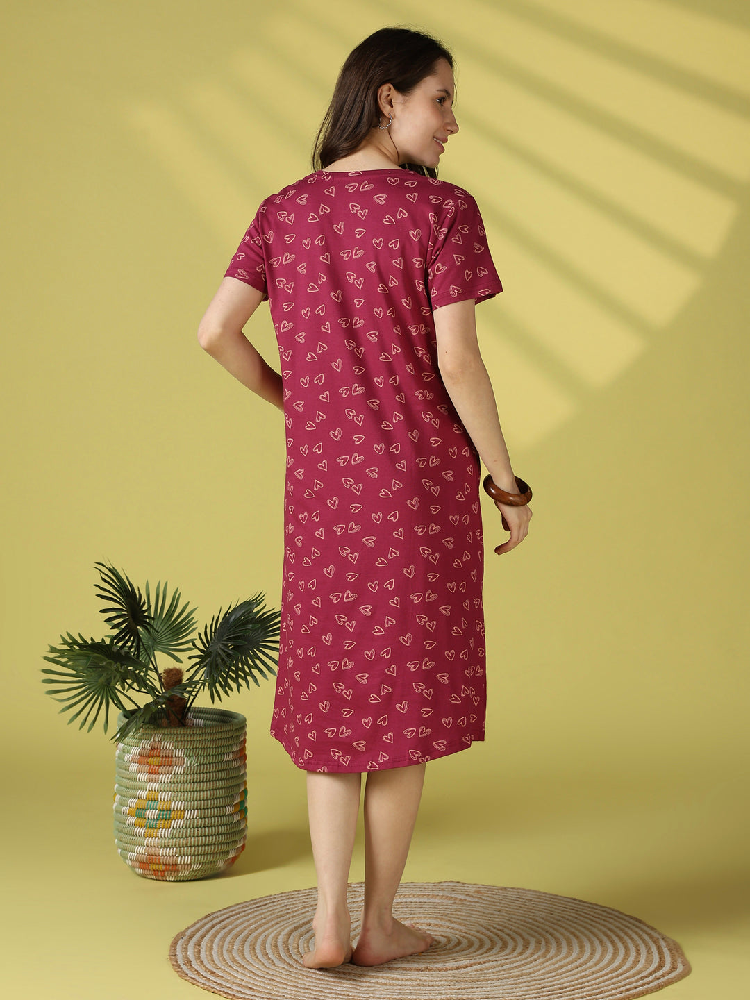 Heart Print Hosiery Cotton Short Nighty for Women in Pink Heartbeat