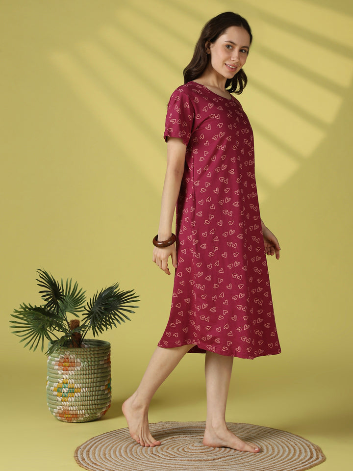 Heart Print Hosiery Cotton Short Nighty for Women in Pink Heartbeat