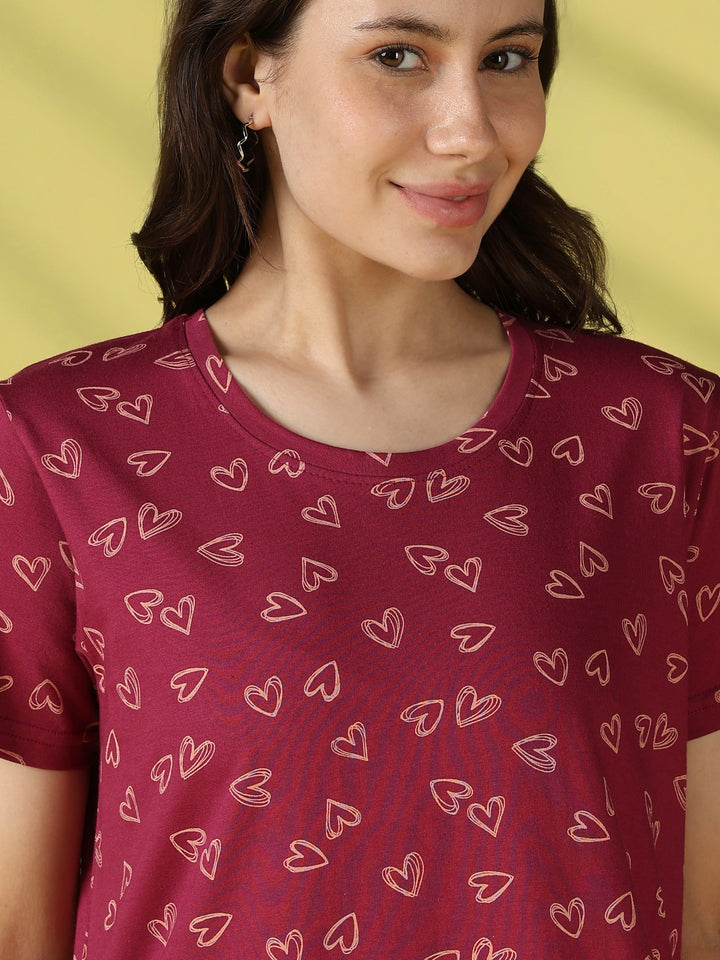Heart Print Hosiery Cotton Short Nighty for Women in Pink Heartbeat
