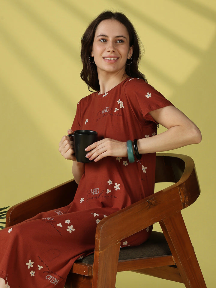 Brown Floral Hosiery Cotton Short Nighty for Women