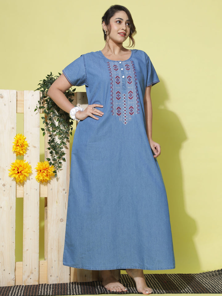  Denim Nighty  Buy Cool and Comfortable Sky Blue Embroidery Nighty Online- 9shines label 