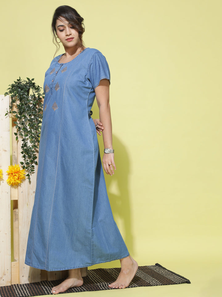  Denim Nighty  Buy Latest Sky Blue Embroidery Nighty Online in India- 9shines label 