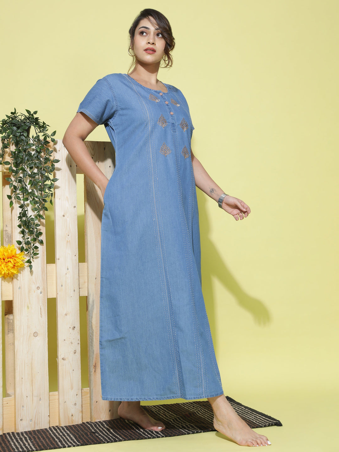  Denim Nighty  Buy Latest Sky Blue Embroidery Nighty Online in India- 9shines label 