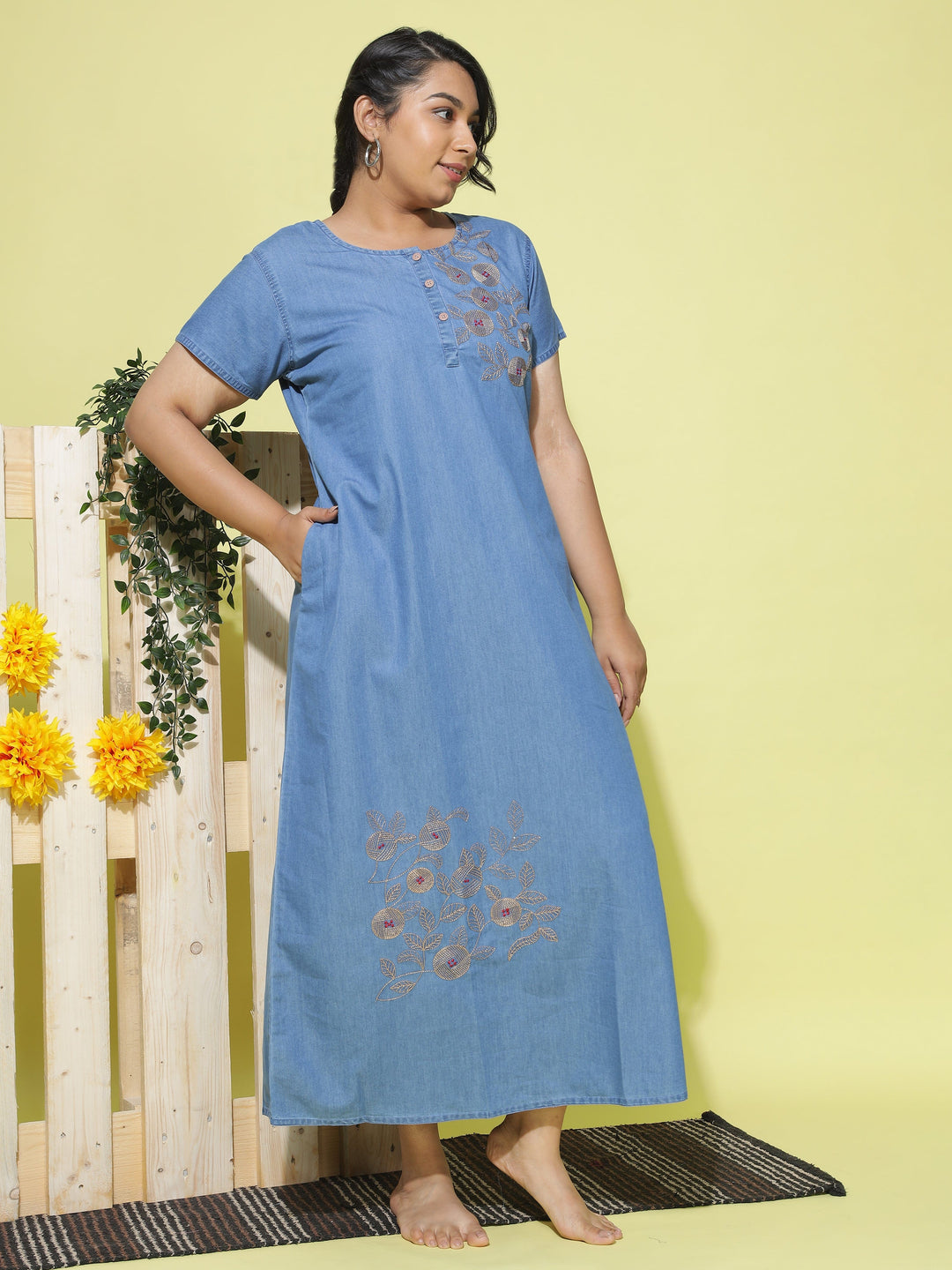  Denim Nighty  Buy Trendy Sky Blue Embroidery Designs Nighty Online- 9shines label 