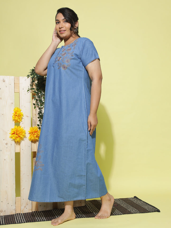  Denim Nighty  Buy Trendy Sky Blue Embroidery Designs Nighty Online- 9shines label 