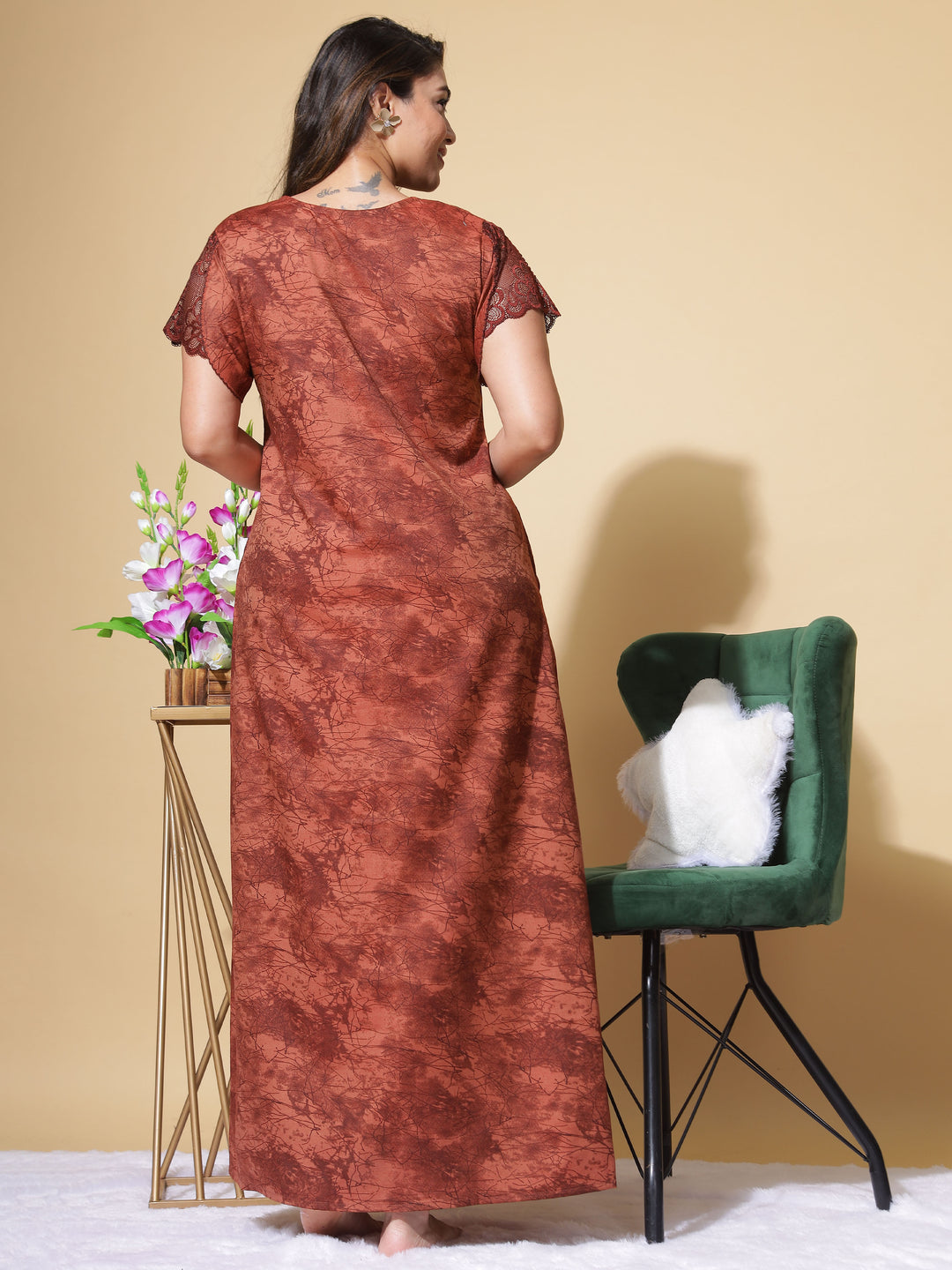  Micro Poly Viscose Nighty  Elegant Brown Nighty: Geometric Print, Designer Neckline- 9shines label 