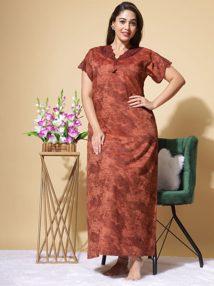  Micro Poly Viscose Nighty  Elegant Brown Nighty: Geometric Print, Designer Neckline- 9shines label 