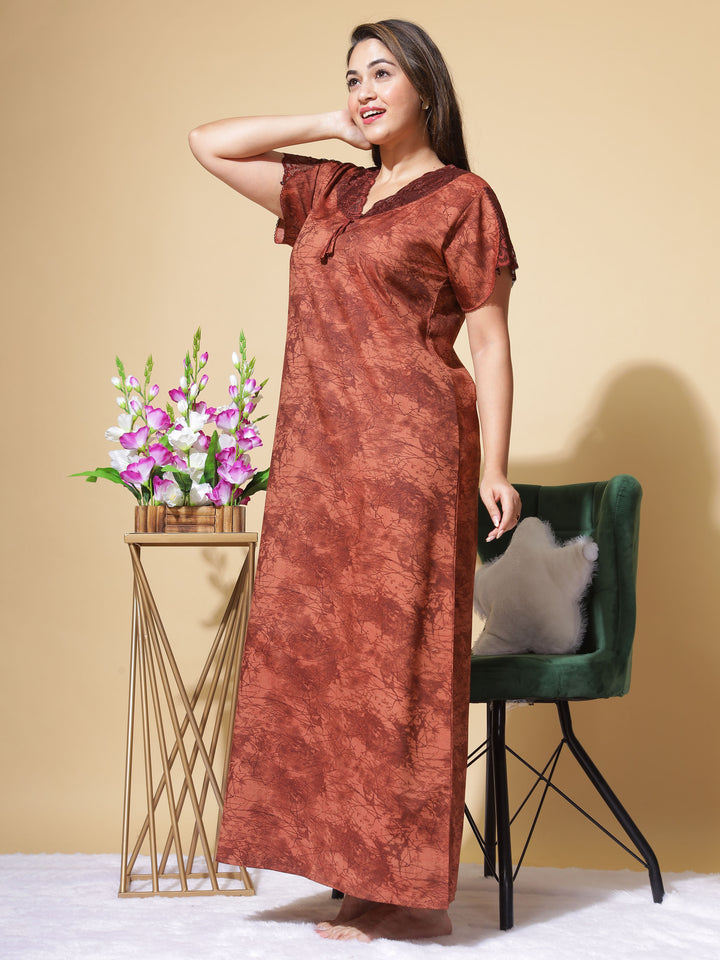  Micro Poly Viscose Nighty  Elegant Brown Nighty: Geometric Print, Designer Neckline- 9shines label 