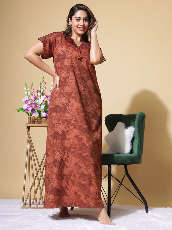  Micro Poly Viscose Nighty  Elegant Brown Nighty: Geometric Print, Designer Neckline- 9shines label 