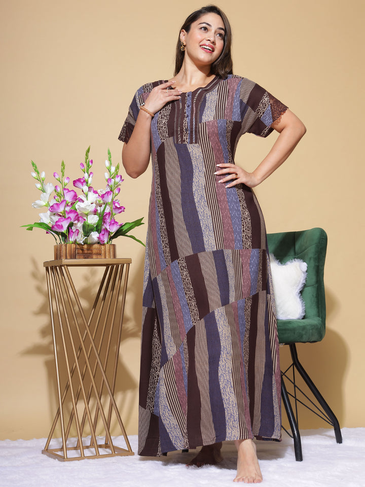  Alpine Nighty  Luxe Brown Night Dress: Alpine Contrast Umbrella Maxi Gown- 9shines label 