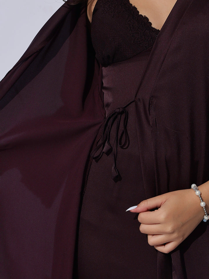 Romantic Wine Satin Long Robe and Night Gown Set for Women
