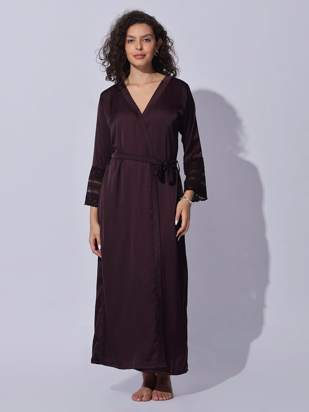 Romantic Wine Satin Long Robe and Night Gown Set for Women