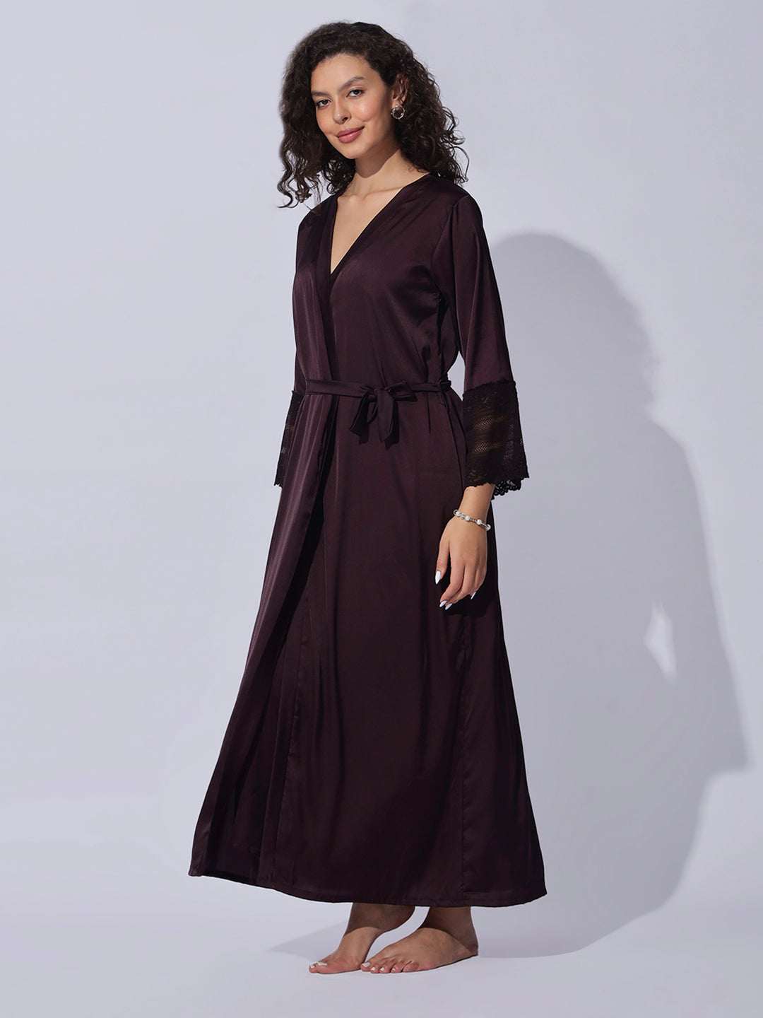 Romantic Wine Satin Long Robe and Night Gown Set for Women
