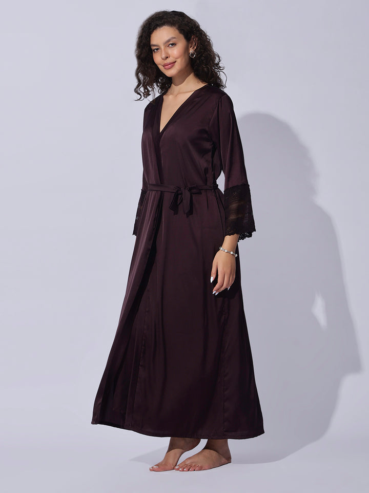 Romantic Wine Satin Long Robe and Night Gown Set for Women