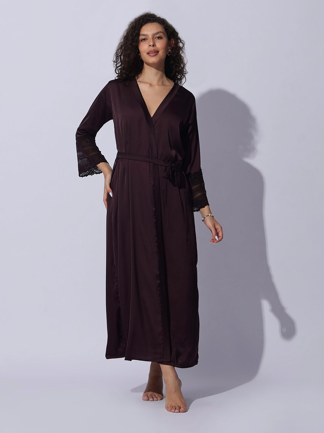 Romantic Wine Satin Long Robe and Night Gown Set for Women