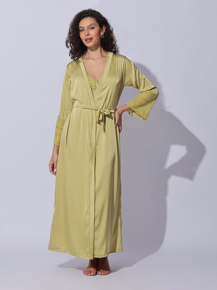 Shimmer Gold Satin Long Robe and Night Gown Set for Women