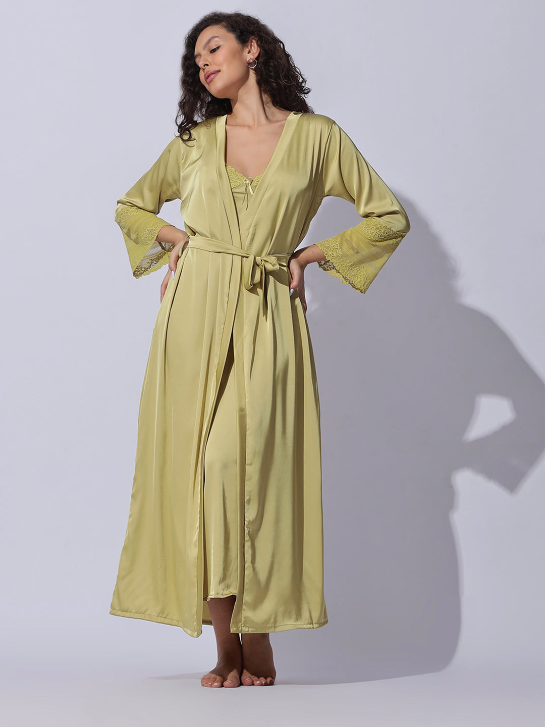 Shimmer Gold Satin Long Robe and Night Gown Set for Women