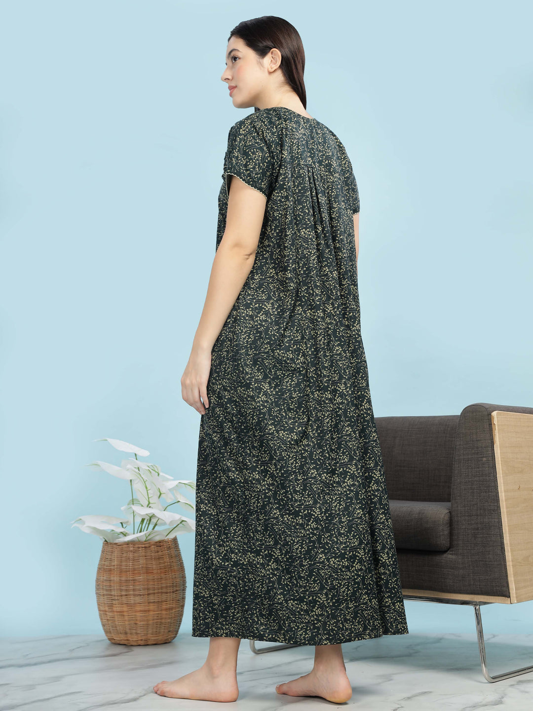 Green Floral Designer Nighty – Soft, Breathable & Stylish Nightwear