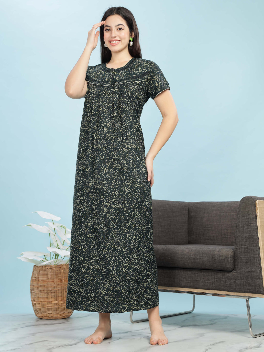 Green Floral Designer Nighty – Soft, Breathable & Stylish Nightwear