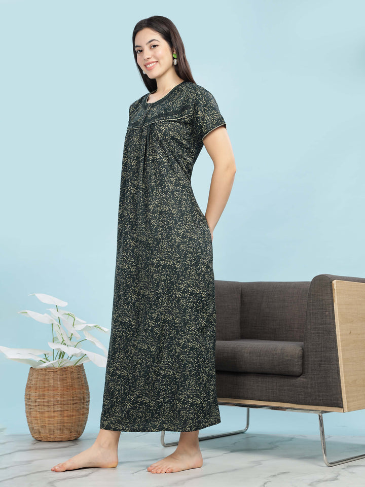 Green Floral Designer Nighty – Soft, Breathable & Stylish Nightwear