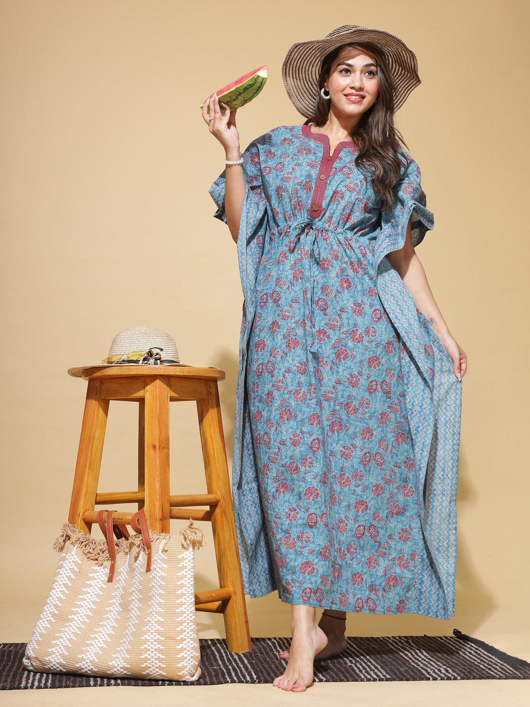  Kaftan  Discover Luxury: Denim Blue Kaftan Nighty in Pure Cotton- 9shines label 