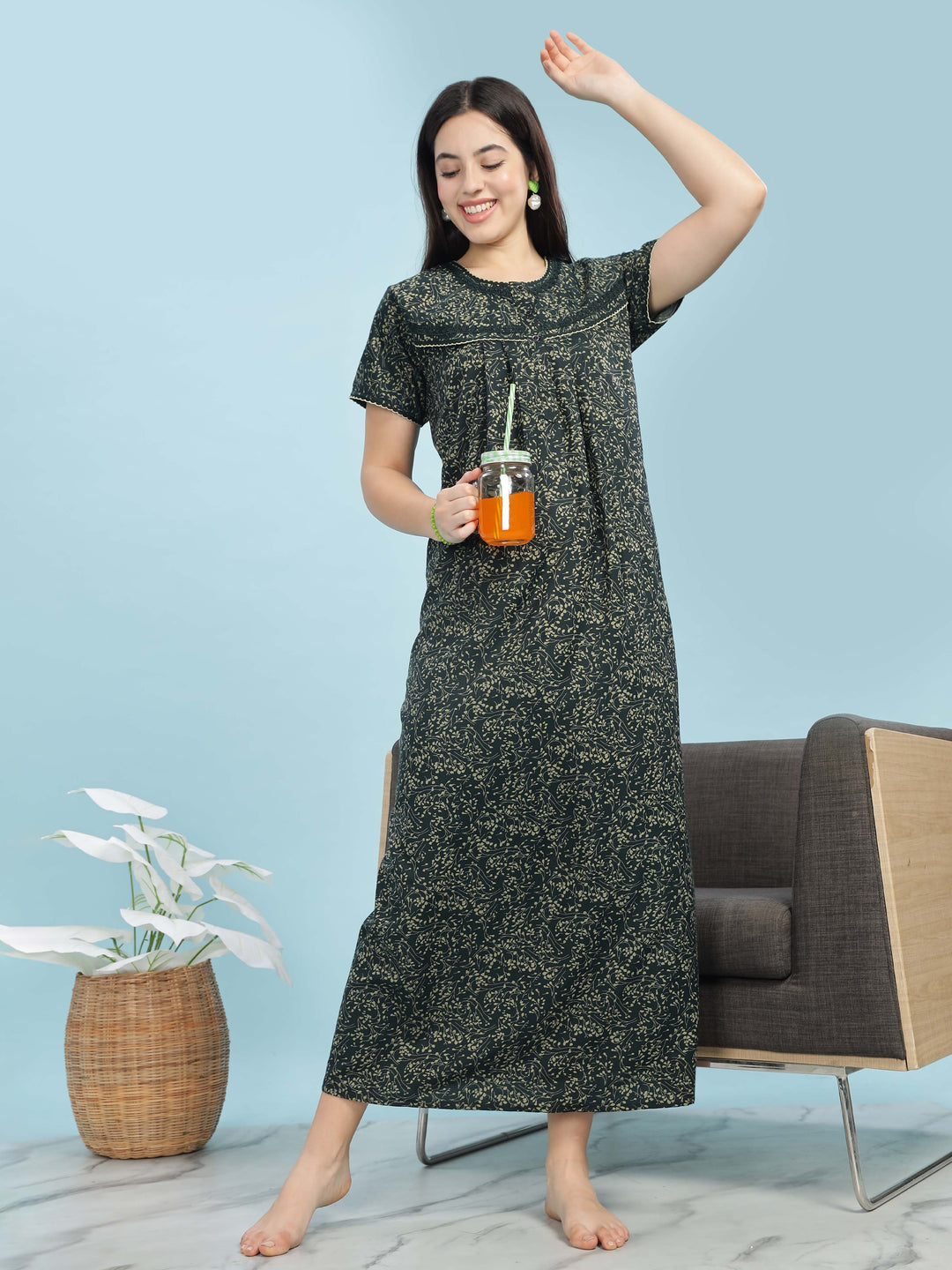 Green Floral Designer Nighty – Soft, Breathable & Stylish Nightwear