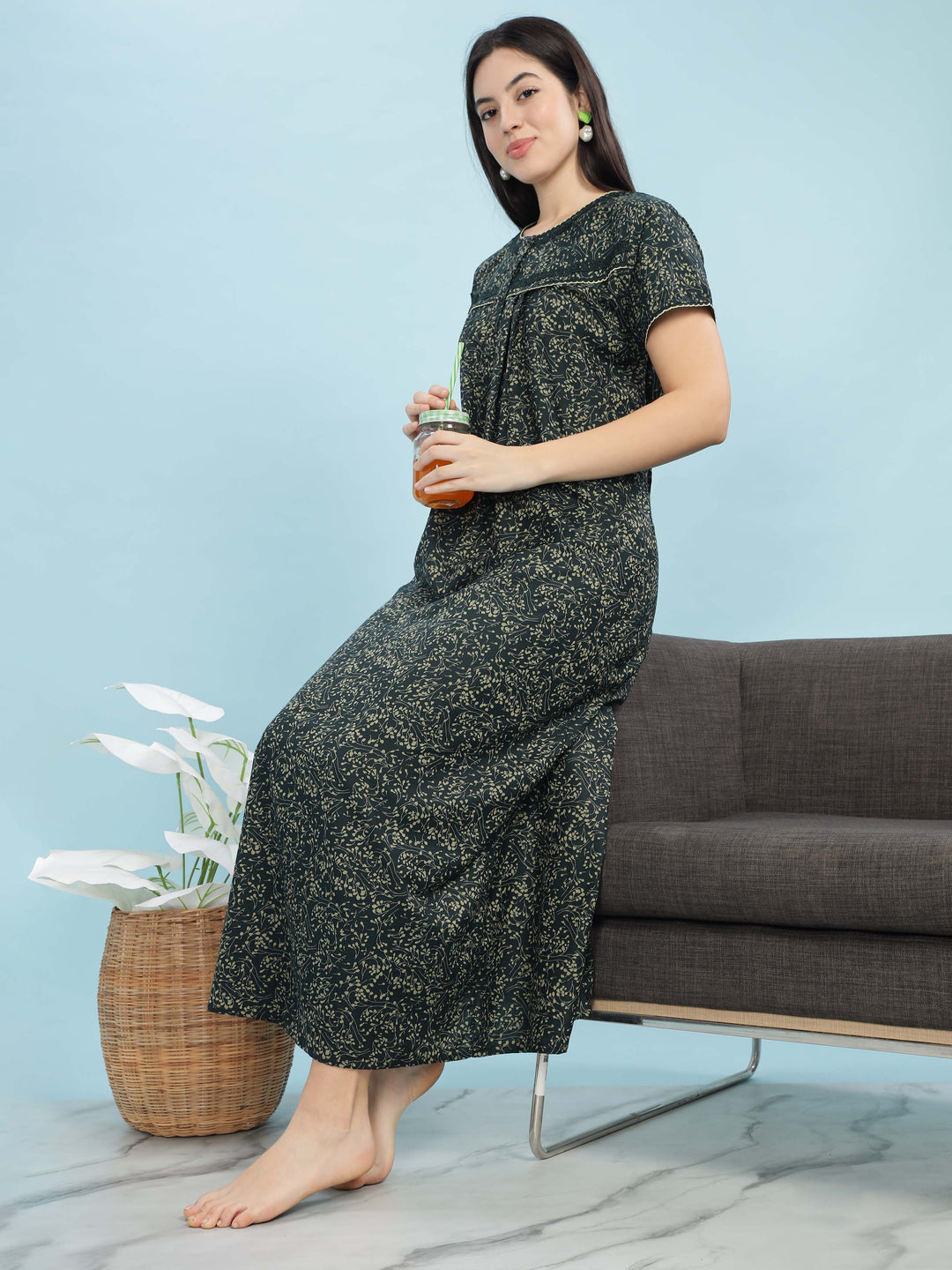 Green Floral Designer Nighty – Soft, Breathable & Stylish Nightwear