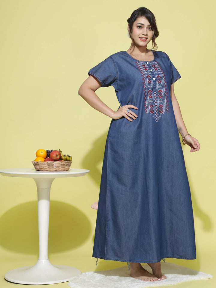  Denim Nighty  Shop Latest Dark Blue Embroidery Nighty Online in India- 9shines label 