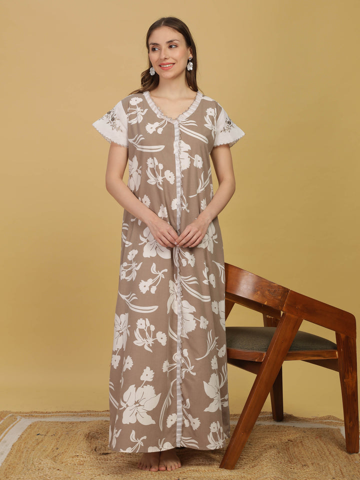 Stylish Grey Floral Nightdress with Embroidery & Frills