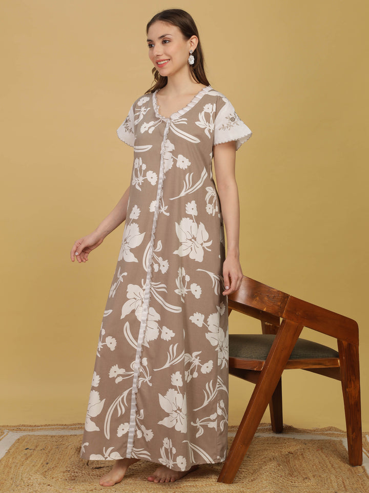 Stylish Grey Floral Nightdress with Embroidery & Frills