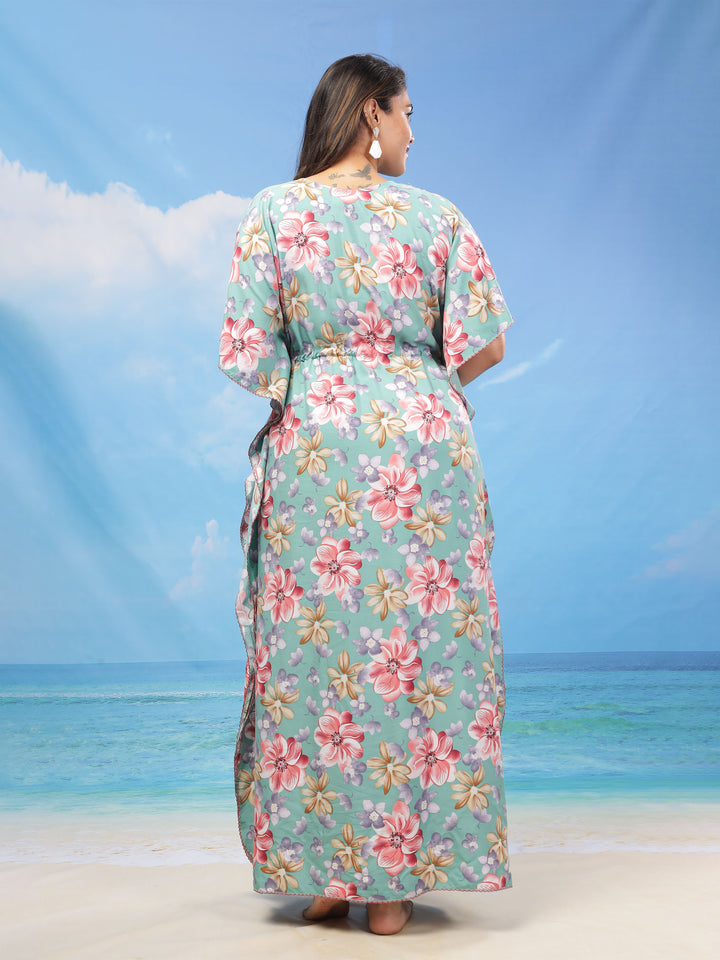 Green Floral Print Rayon Kaftan Dress for Women