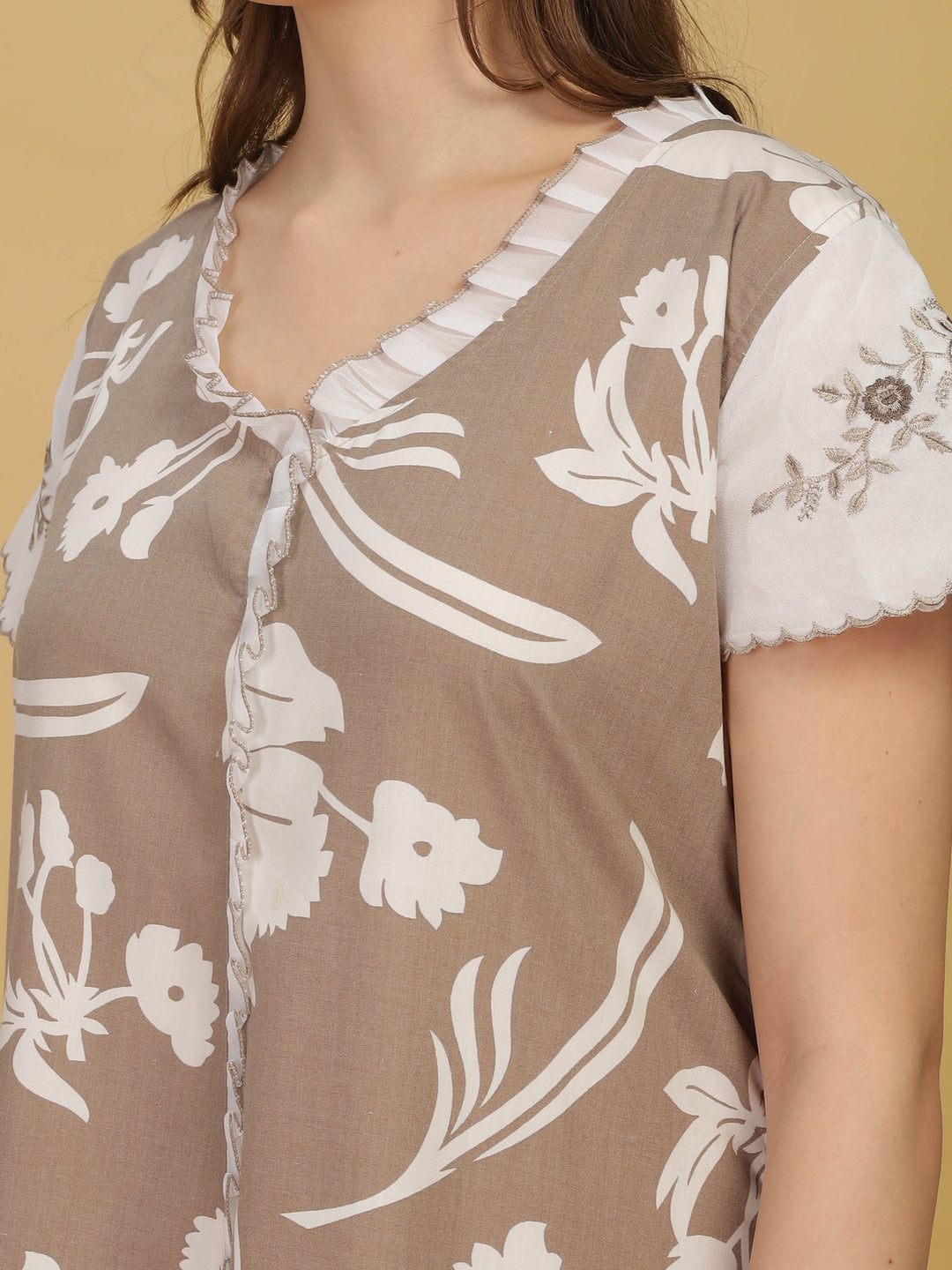 Stylish Grey Floral Nightdress with Embroidery & Frills